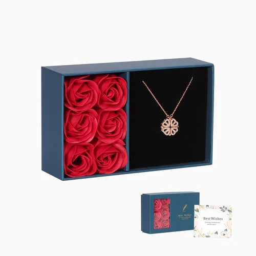 Colar Trevo de Coração + Caixa com 6 Rosas - Presente Dia dos Namorados
